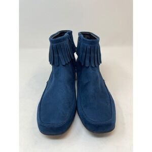 Comfort view Fringe Ankle Boots Women 8M Blue New Suede Side Zip Flat‎ Bootie